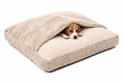 Legowisko dla psa z kołderką Cozy Cave – sztruks i baranek, zdejmowany pokrowiec, M–XL